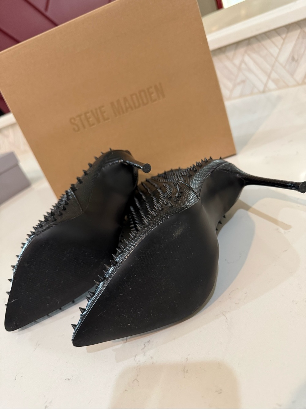 Steve Madden Black Spike-Embellished Pointed Toe Heeled Boots - Picture 6 of 9